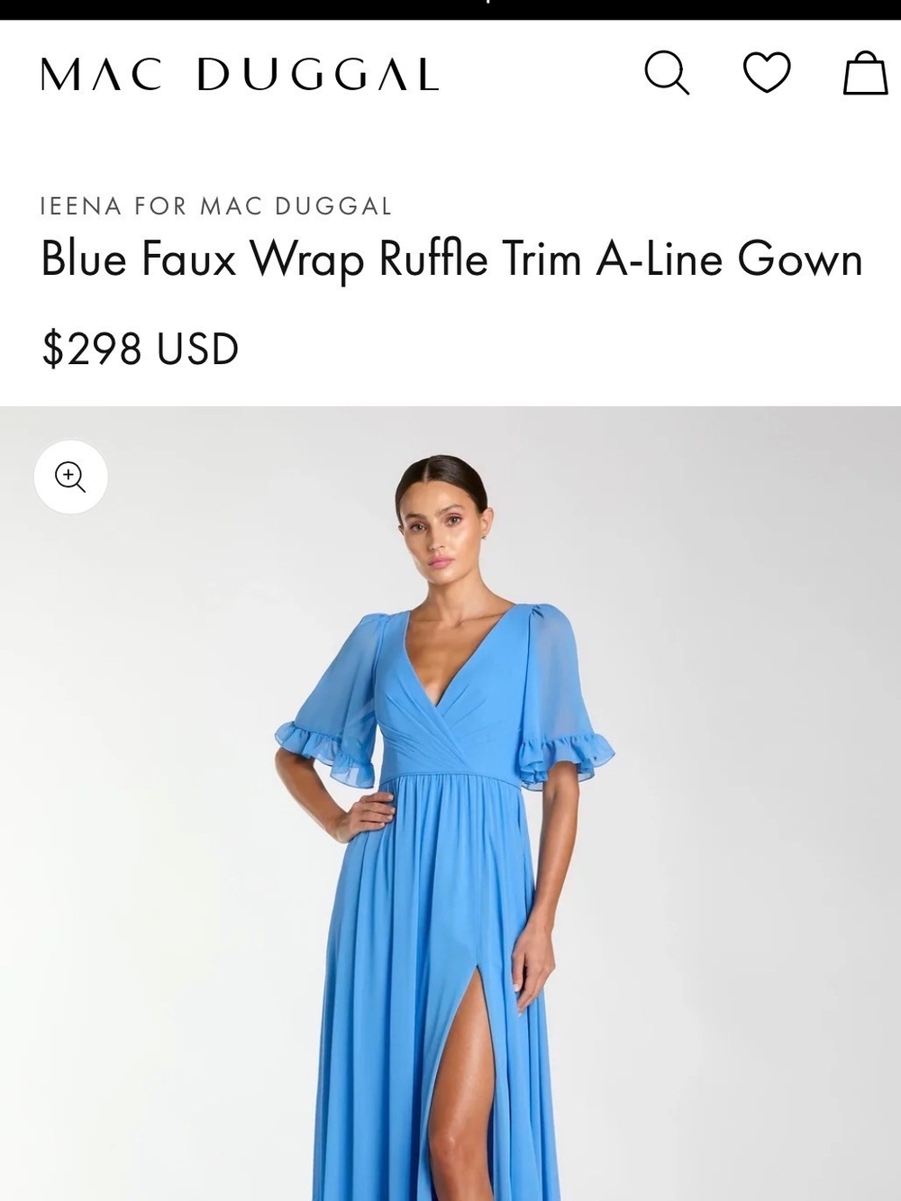 Ileena for Mac Duggal Blue Faux Wrap Ruffle Trim A-Line Gown